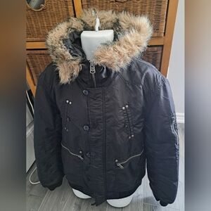 VTG DAVID BITTON BUFFALO JERAR bomber winter coat Jacket faux fur hood Black LG